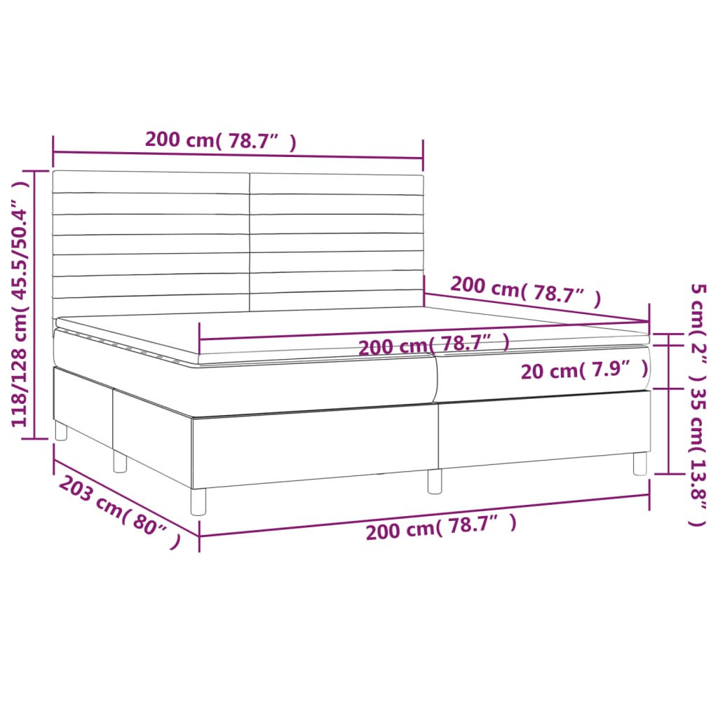 Sommier à lattes de lit avec matelas LED Noir 200x200cm Velours - XIOS