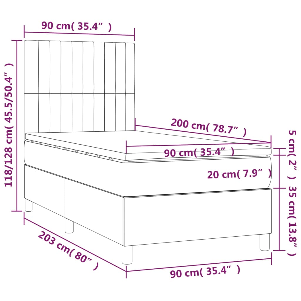 Sommier à lattes de lit avec matelas LED Noir 90x200 cm Velours - XIOS