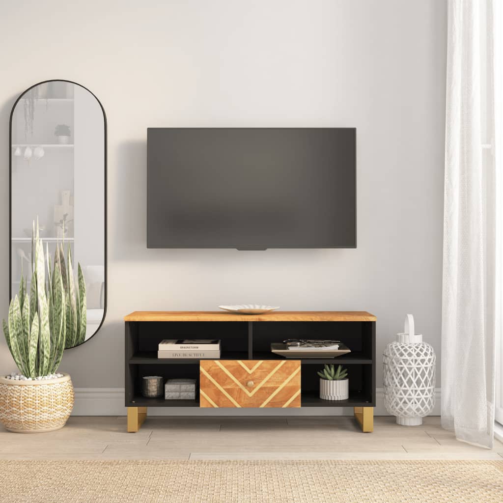 Meuble TV marron et noir 100x33,5x46 cm bois massif de manguier - XIOS