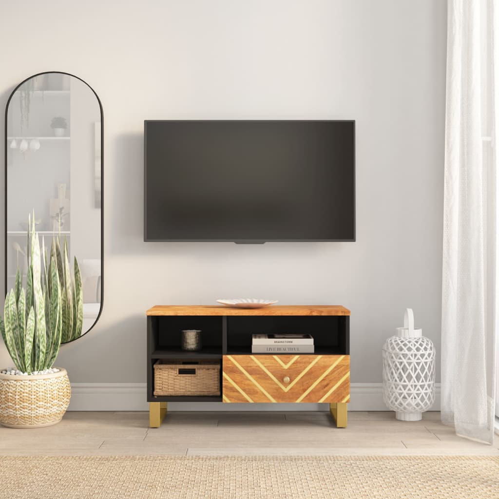 Meuble TV marron et noir 80x33,5x46 cm bois massif de manguier - XIOS