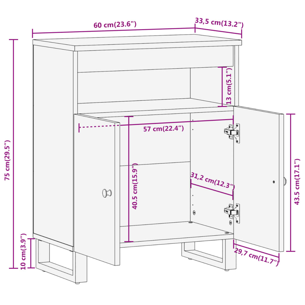 Armoire latérale marron et noir 60x33,5x75 cm bois de manguier - XIOS