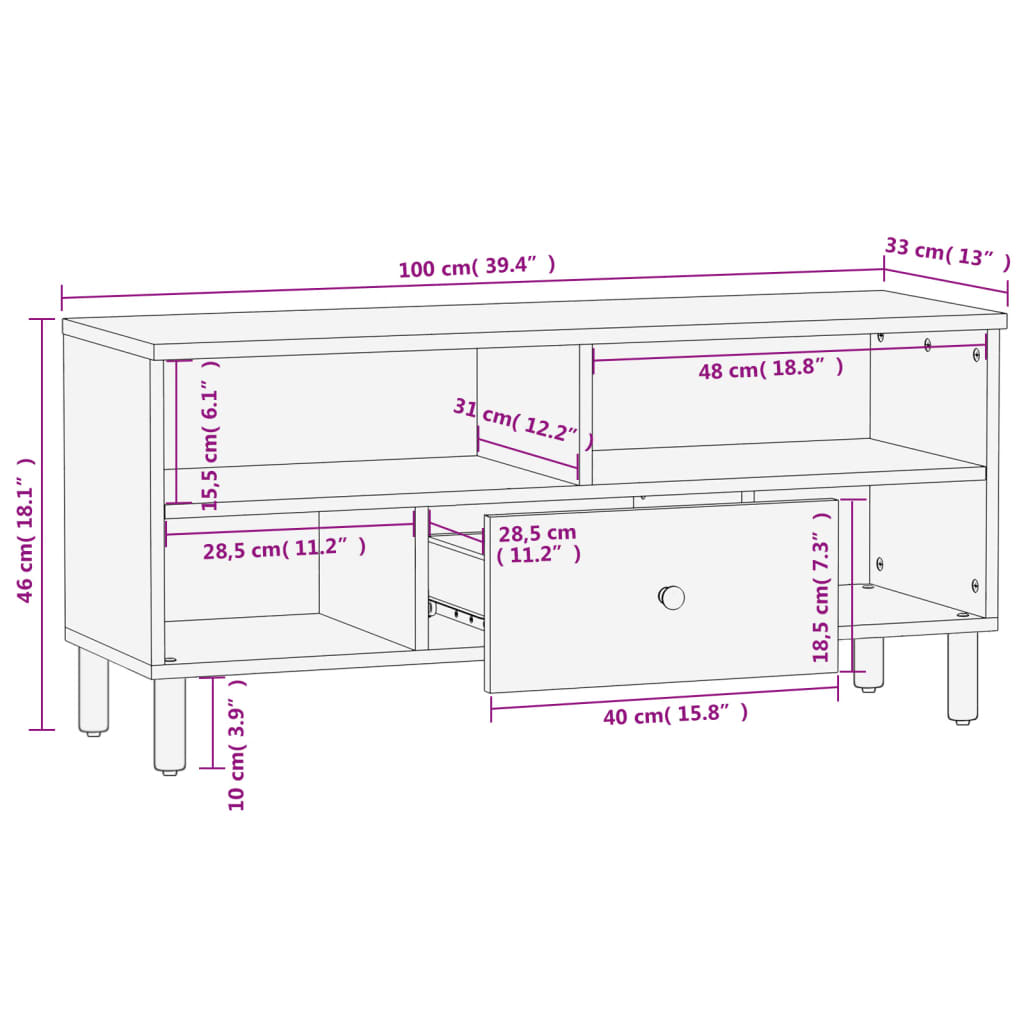 Meuble TV noir 100x33x46 cm bois massif de manguier Meubles TV vidaXL   