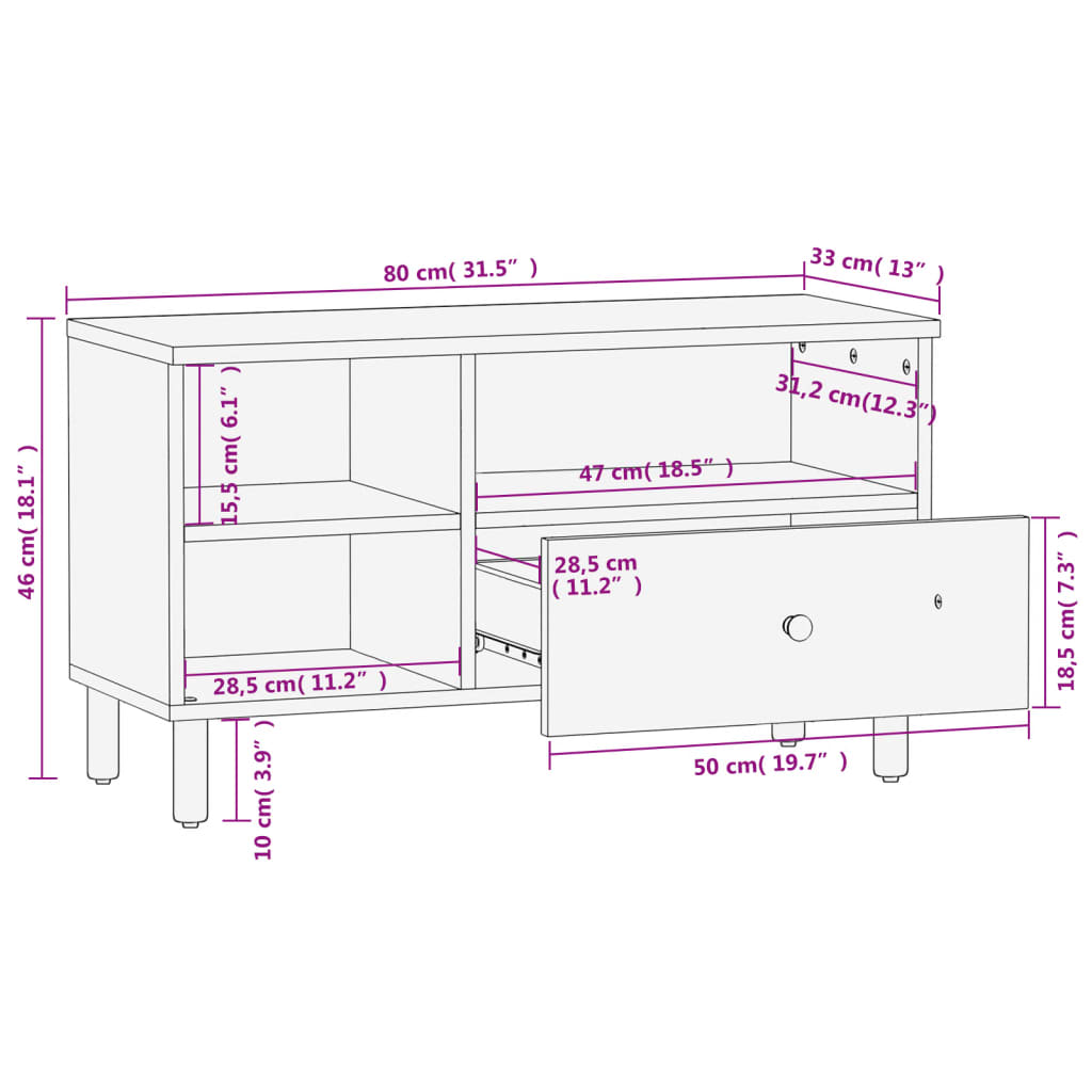 Meuble TV noir 80x33x46 cm bois massif de manguier Meubles TV vidaXL   