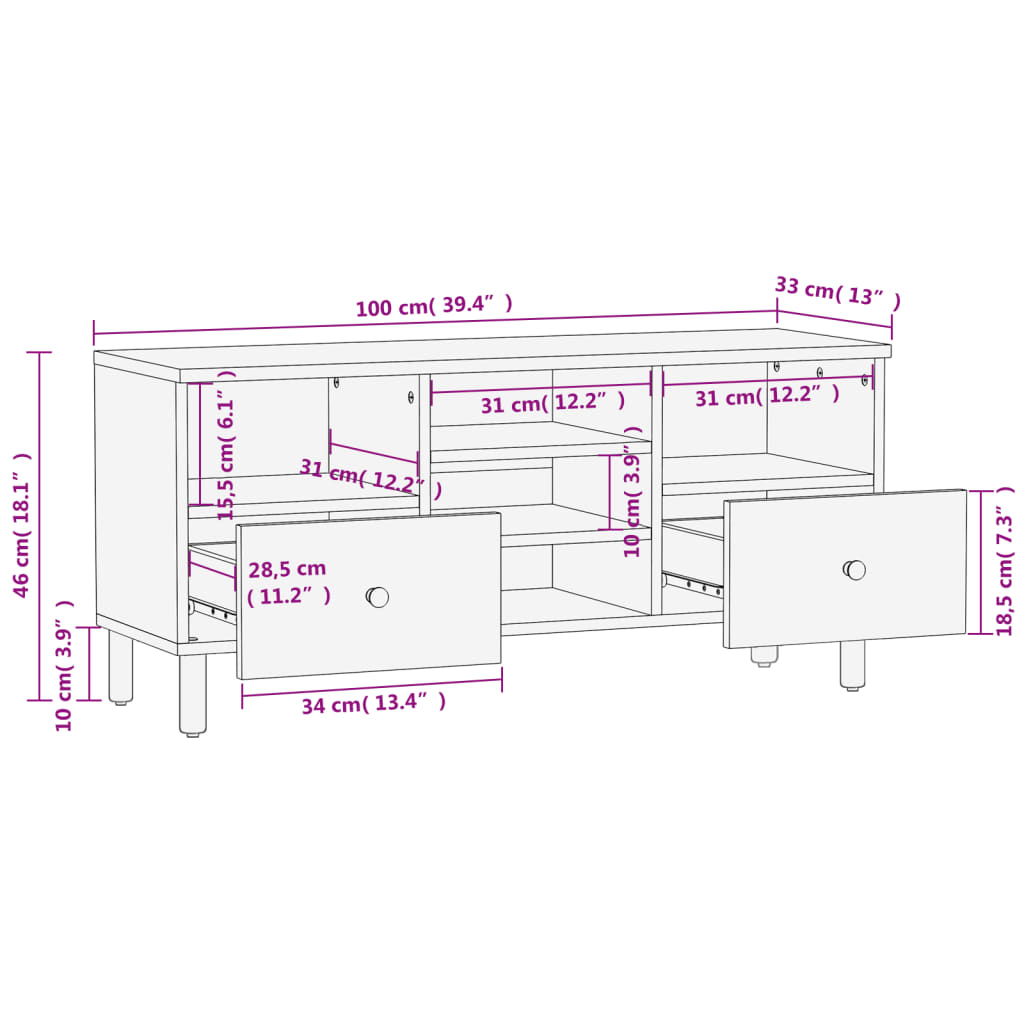 Meuble TV noir 100x33x46 cm bois massif de manguier Meubles TV vidaXL   