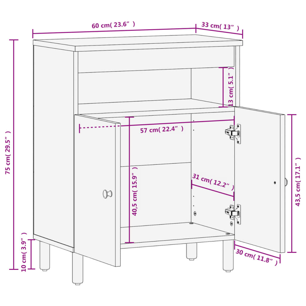 Armoire latérale noir 60x33x75 cm bois massif de manguier - XIOS