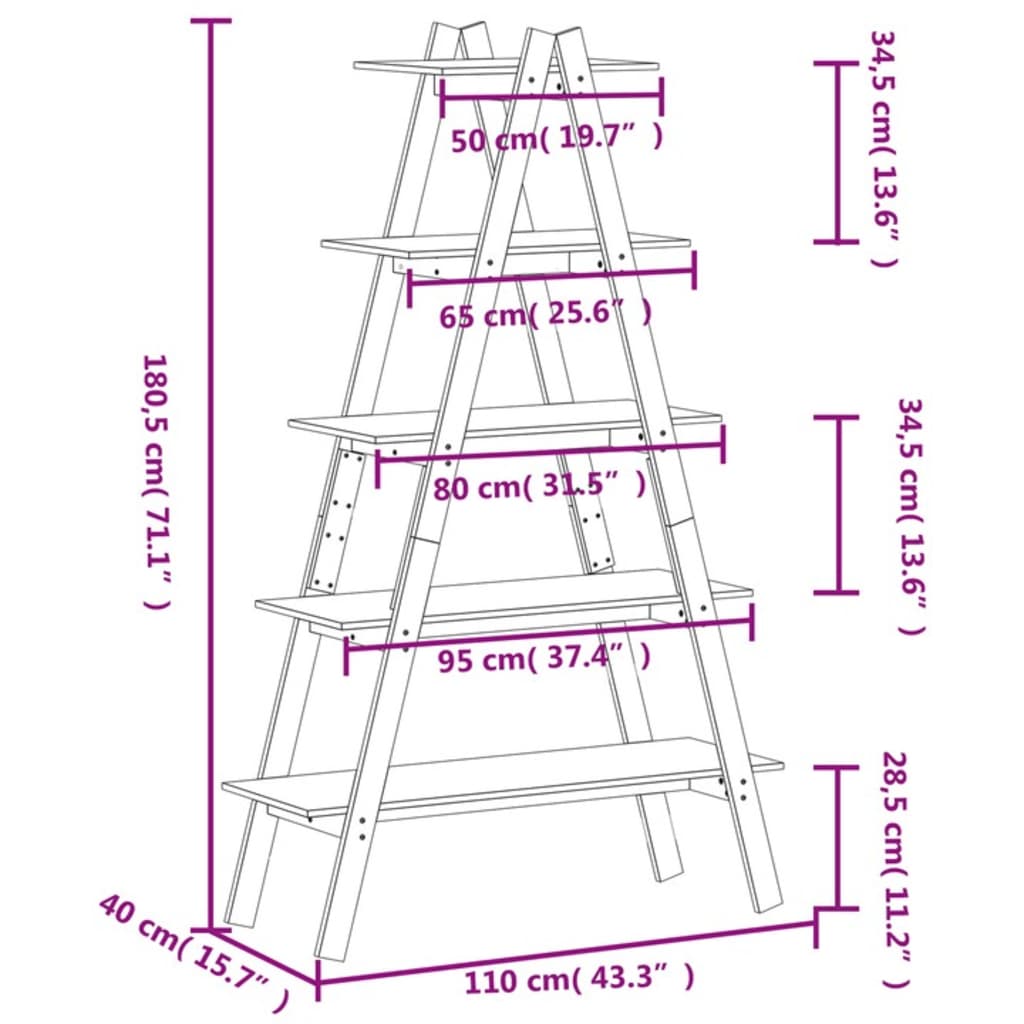 Étagère 5 niveaux en forme de A 110x40x180,5 cm bois pin massif - XIOS