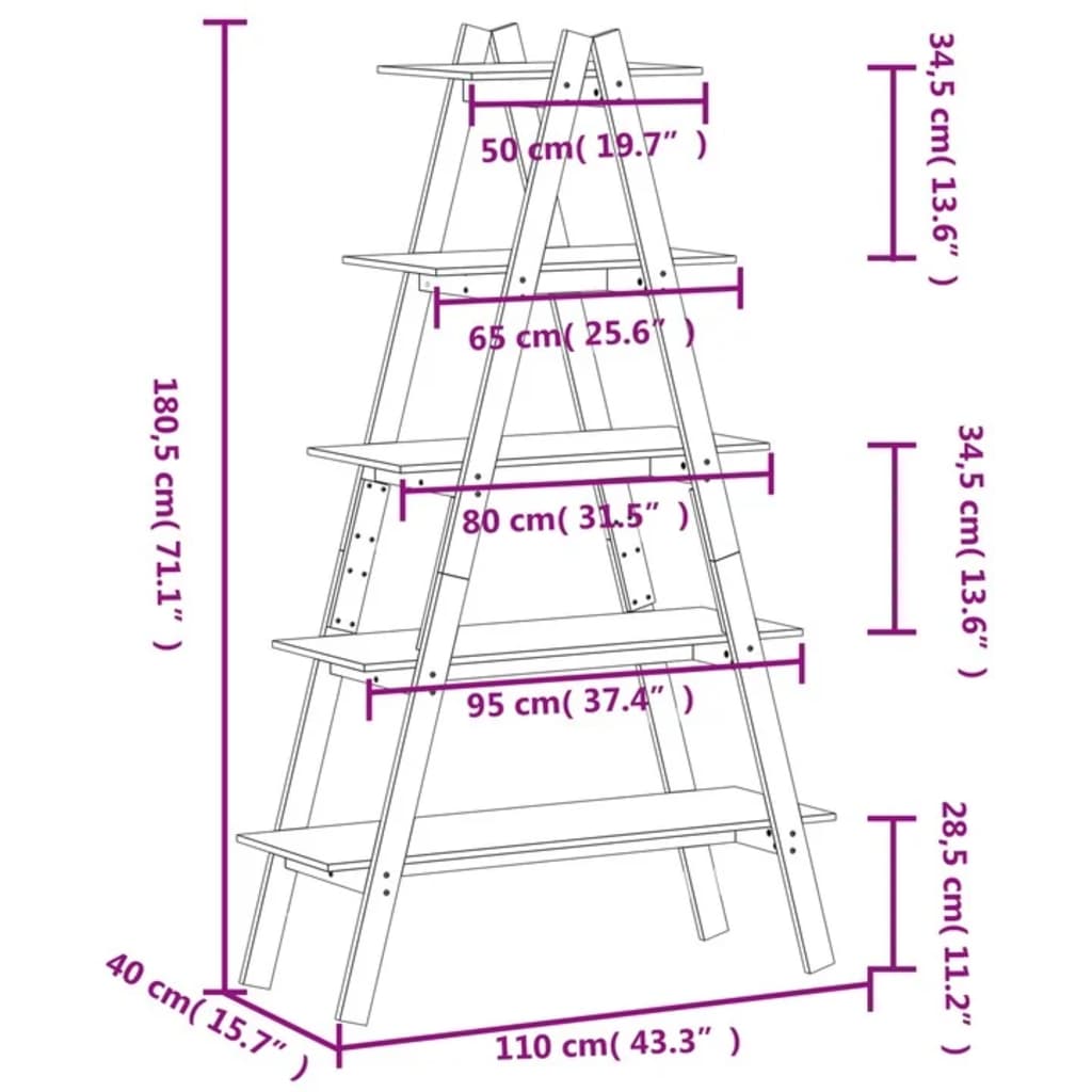 Étagère 5 niveaux en forme de A 110x40x180,5 cm bois pin massif - XIOS