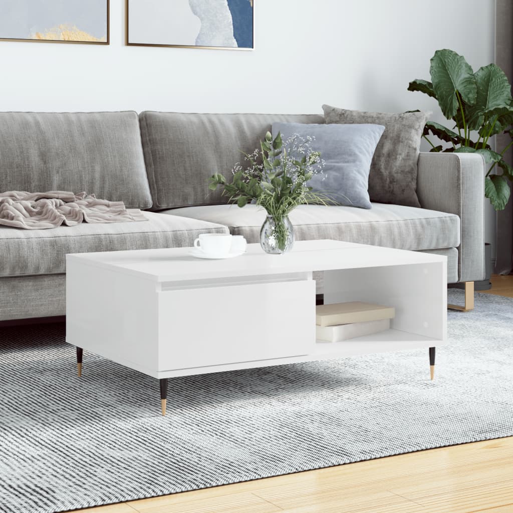 Table basse blanc brillant 90x60x35 cm bois d'ingénierie - XIOS