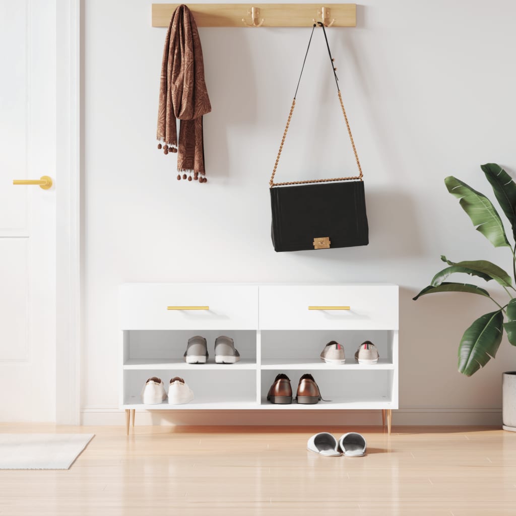 Banc à chaussures blanc brillant 102x35x55 cm bois d'ingénierie - XIOS