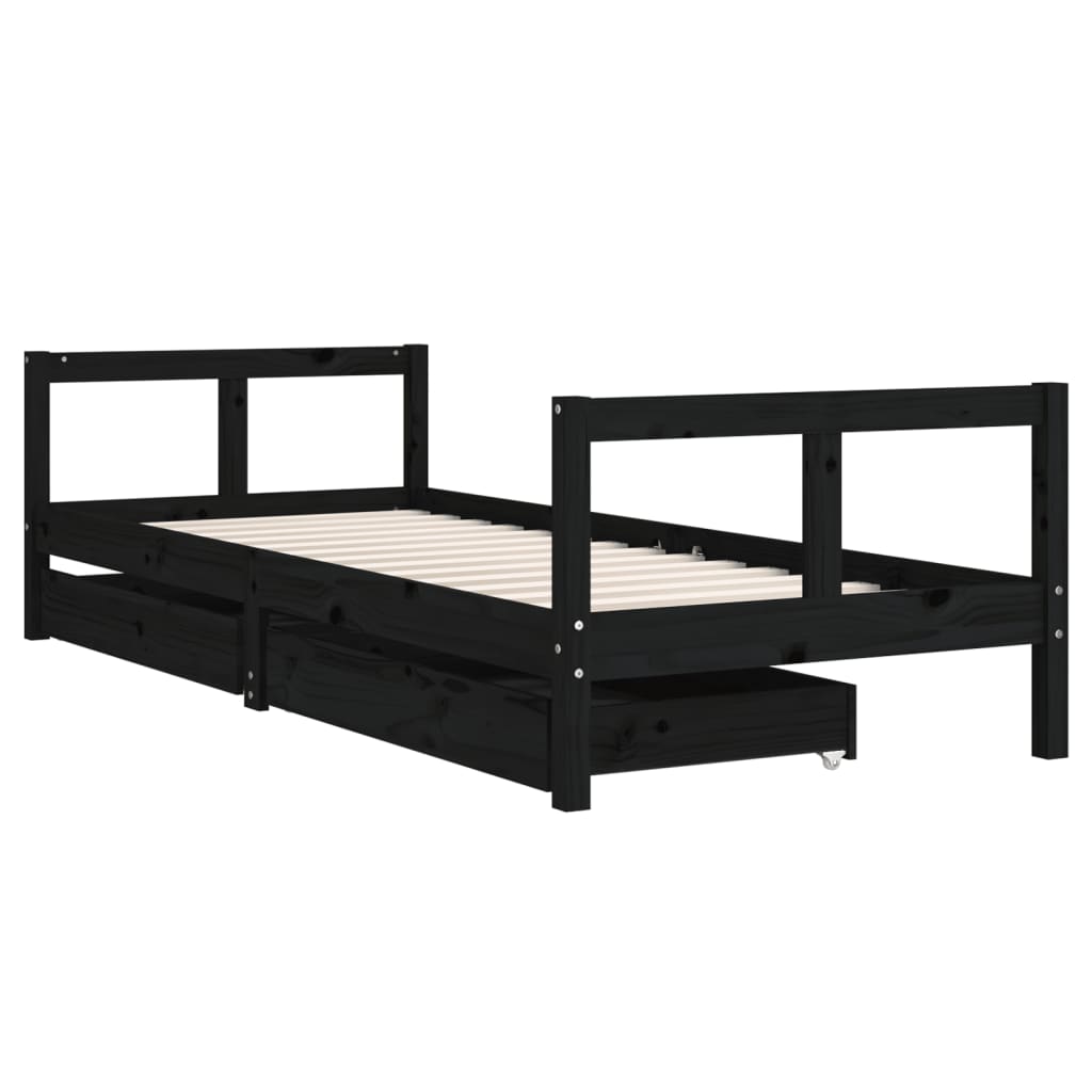 Cadre de lit enfant tiroirs noir 80x200 cm bois de pin massif - XIOS