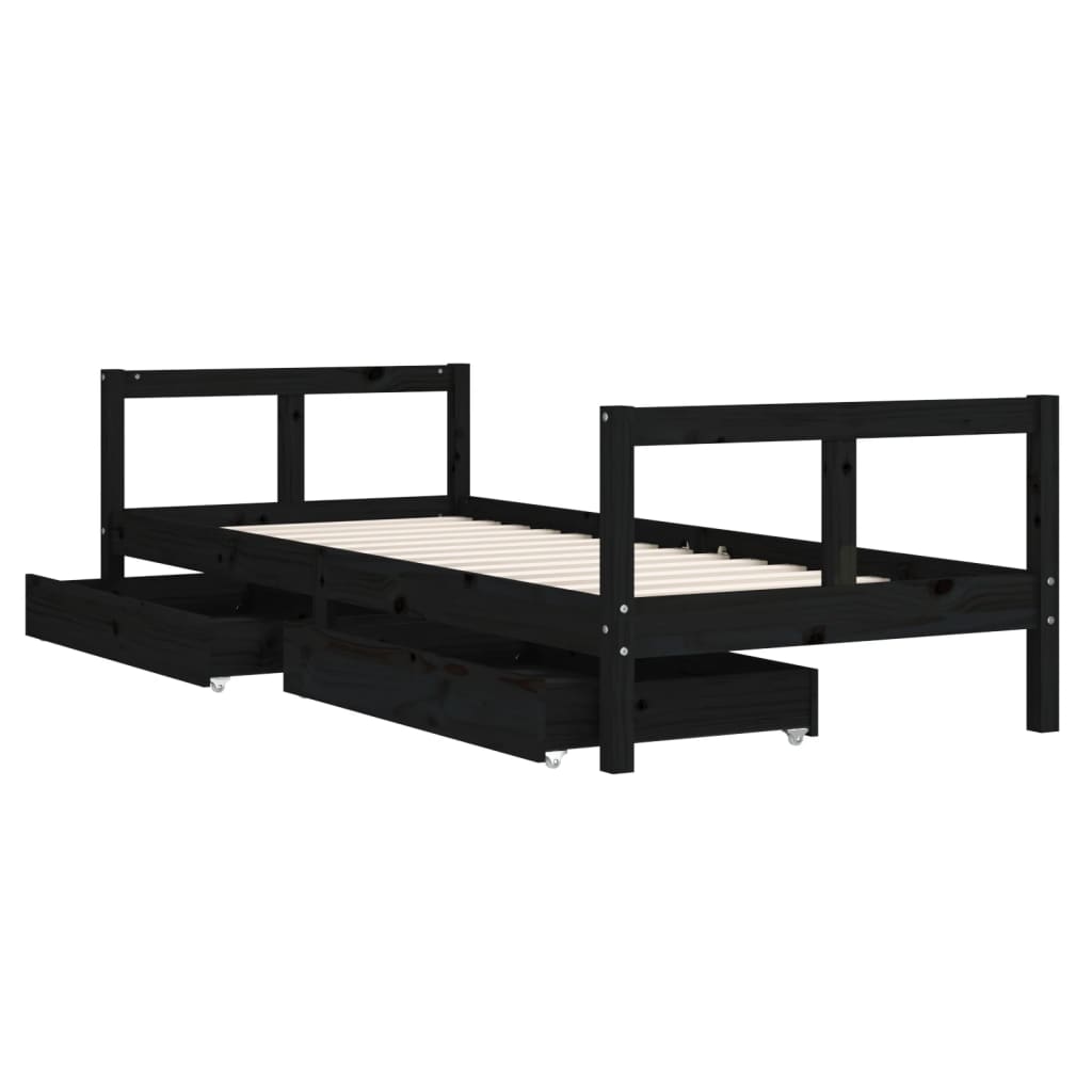 Cadre de lit enfant tiroirs noir 80x200 cm bois de pin massif - XIOS