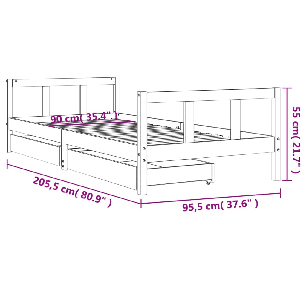 Cadre de lit enfant tiroirs blanc 90x200 cm bois de pin massif - XIOS