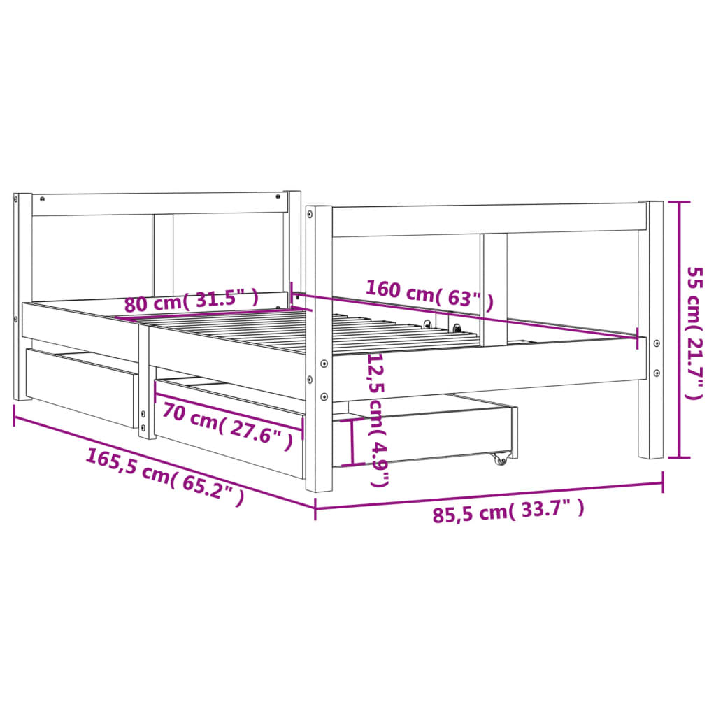 Cadre de lit pour enfant tiroirs noir 80x160 cm bois pin massif - XIOS