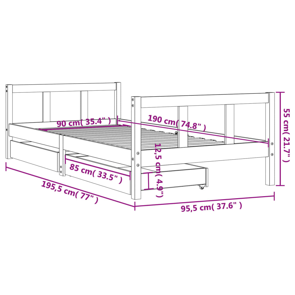 Cadre de lit d'enfants tiroirs blanc 90x190 cm bois pin massif - XIOS