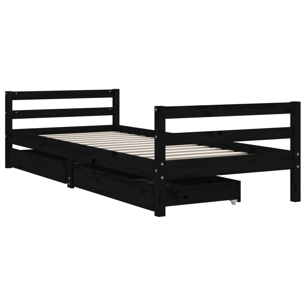 Cadre de lit enfant tiroirs noir 80x200 cm bois de pin massif - XIOS