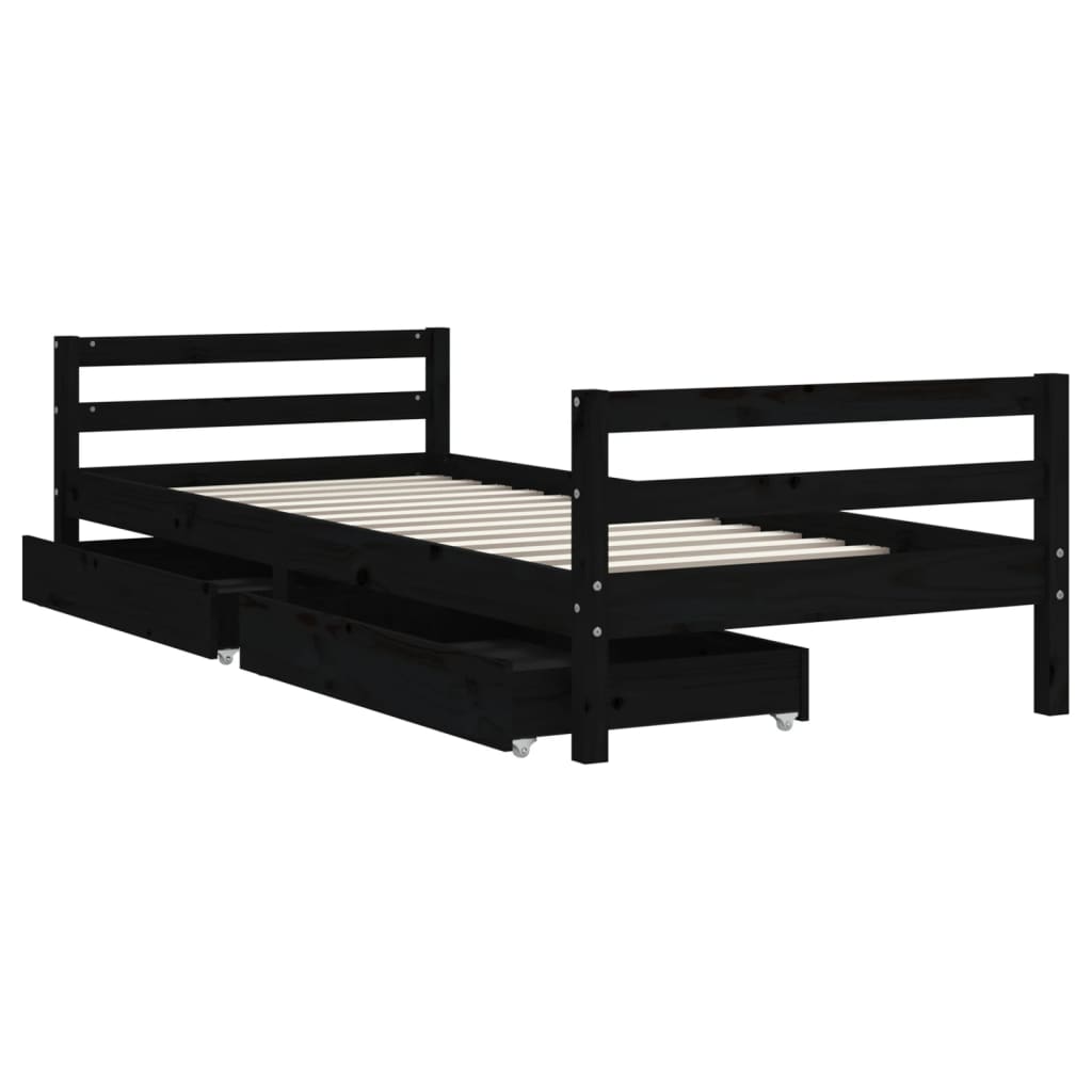 Cadre de lit enfant tiroirs noir 80x200 cm bois de pin massif - XIOS