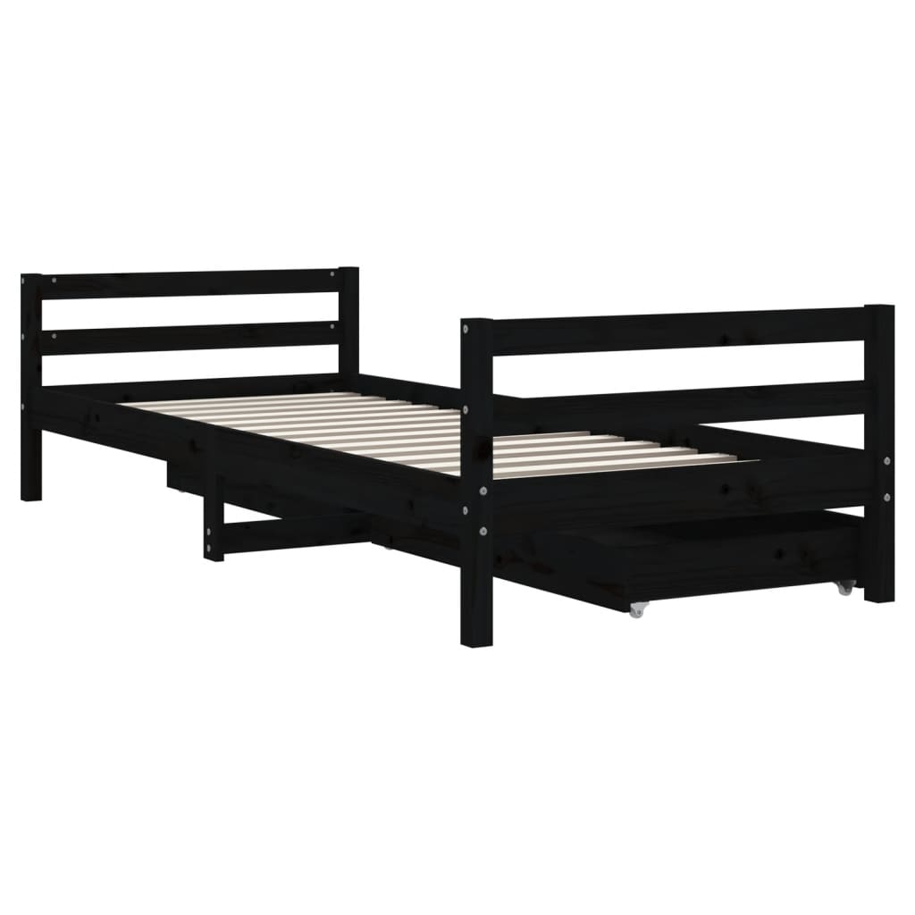 Cadre de lit enfant tiroirs noir 80x200 cm bois de pin massif - XIOS
