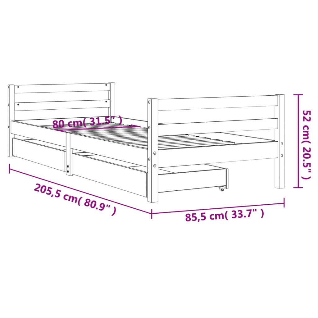 Cadre de lit enfant tiroirs noir 80x200 cm bois de pin massif - XIOS