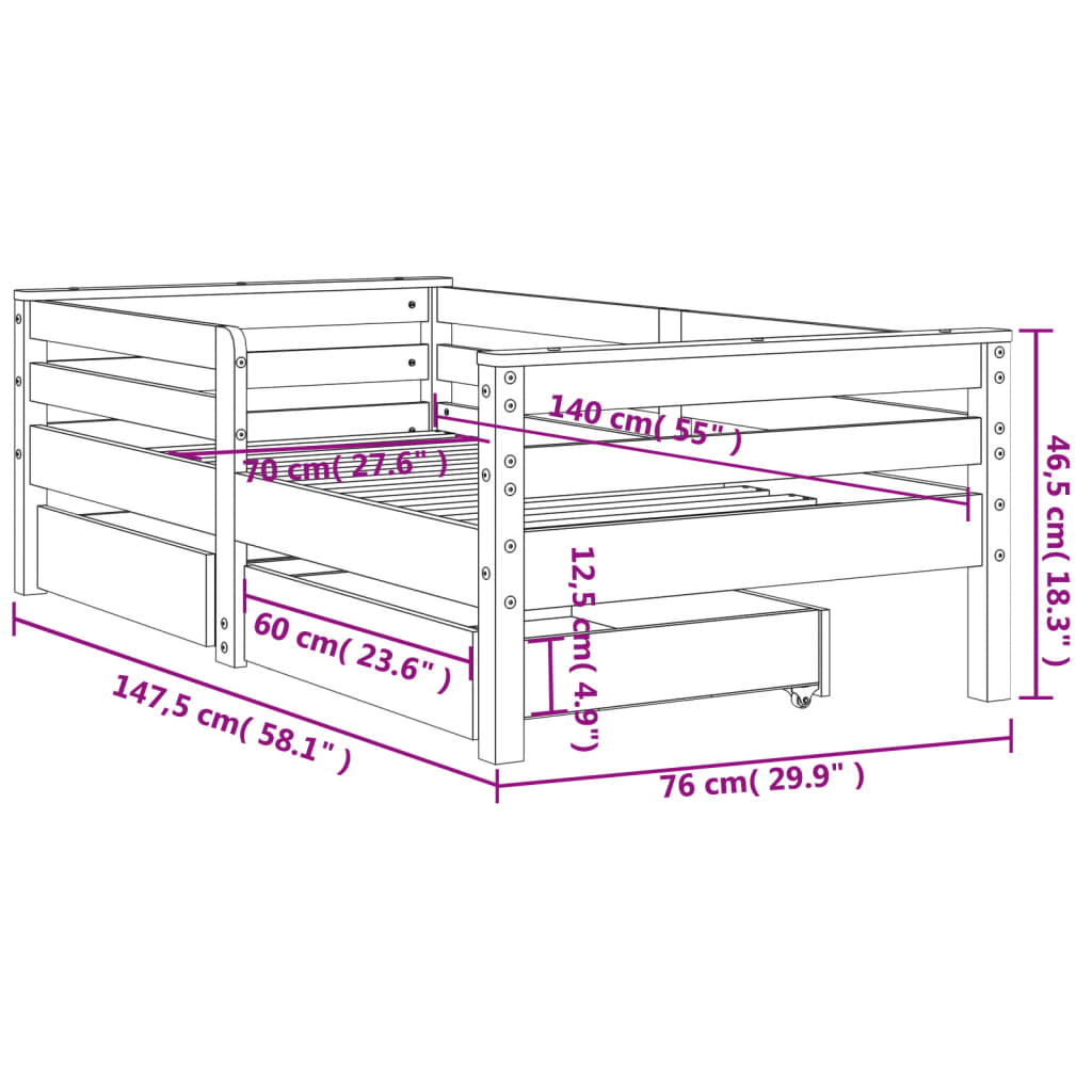 Cadre de lit enfant tiroirs blanc 70x140 cm bois de pin massif - XIOS