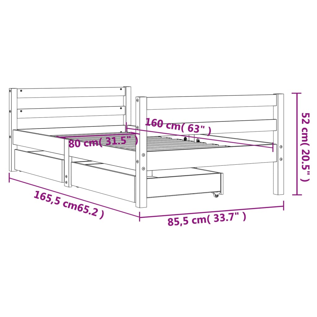 Cadre de lit pour enfant tiroirs blanc 80x160cm bois pin massif - XIOS