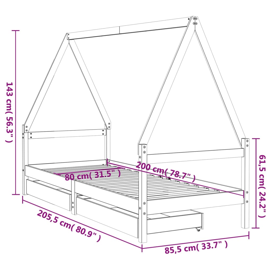 Cadre de lit pour enfants gris 80x200 cm bois de pin massif - XIOS