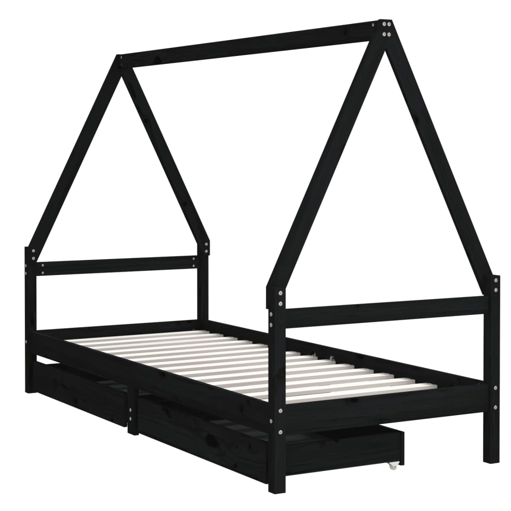 Cadre de lit enfant tiroirs noir 80x200 cm bois de pin massif - XIOS