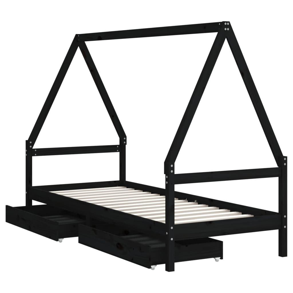 Cadre de lit enfant tiroirs noir 80x200 cm bois de pin massif - XIOS