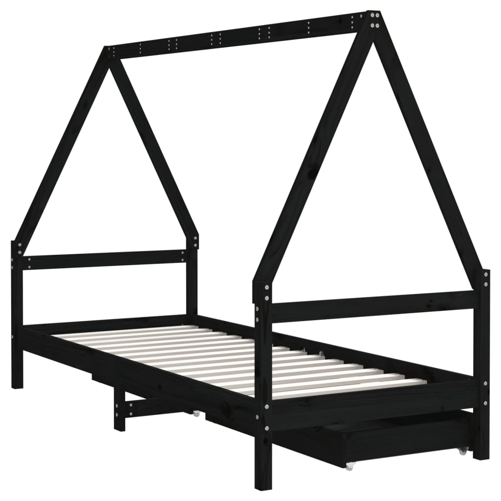 Cadre de lit enfant tiroirs noir 80x200 cm bois de pin massif - XIOS