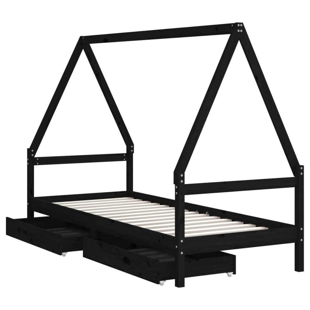 Cadre de lit enfant avec tiroirs noir 90x200 cm bois pin massif - XIOS