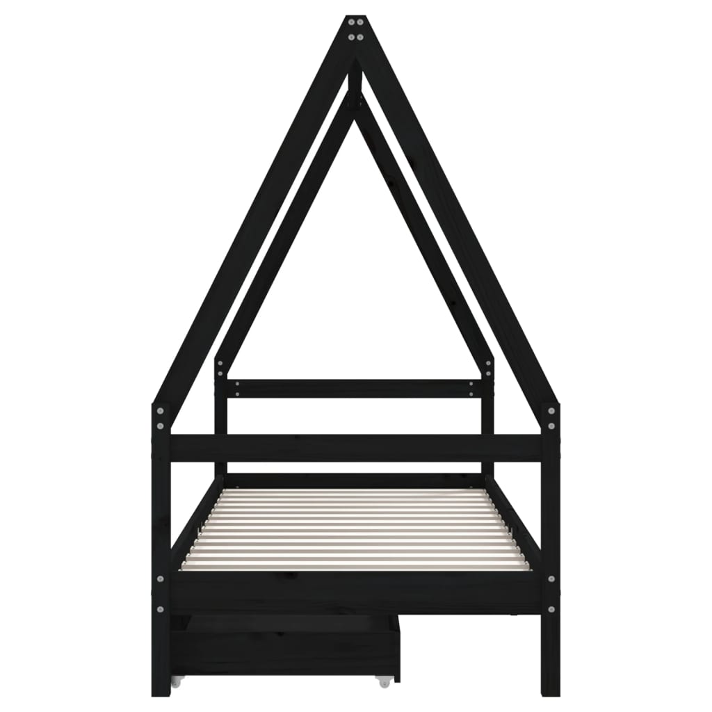 Cadre de lit enfant avec tiroirs noir 90x200 cm bois pin massif - XIOS