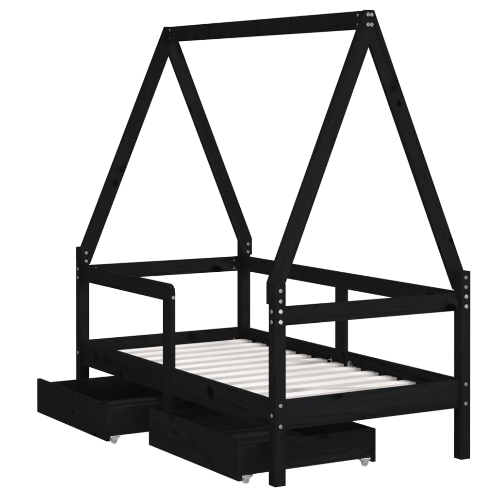 Cadre de lit enfant avec tiroirs noir 70x140 cm bois pin massif - XIOS