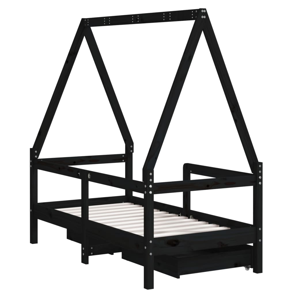 Cadre de lit enfant avec tiroirs noir 70x140 cm bois pin massif - XIOS