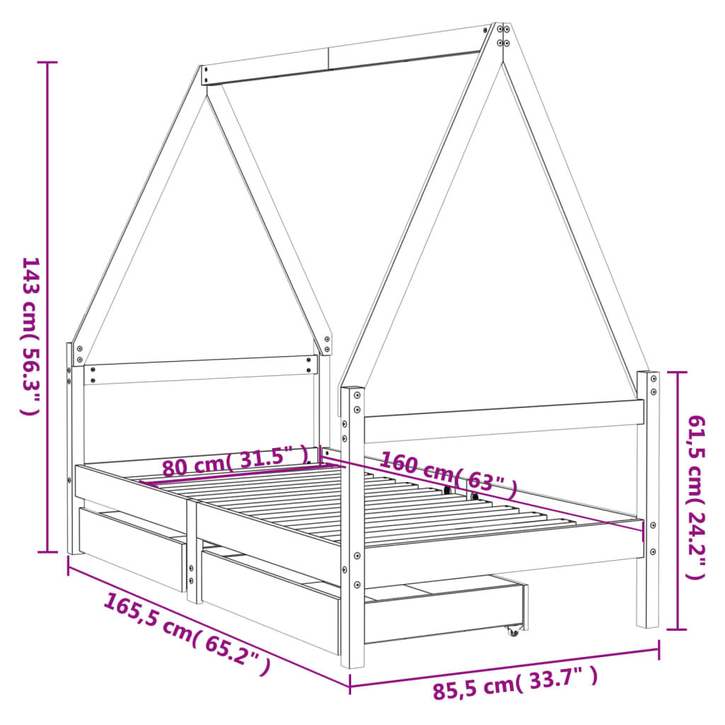 Cadre de lit pour enfant et tiroirs 80x160cm bois de pin massif - XIOS