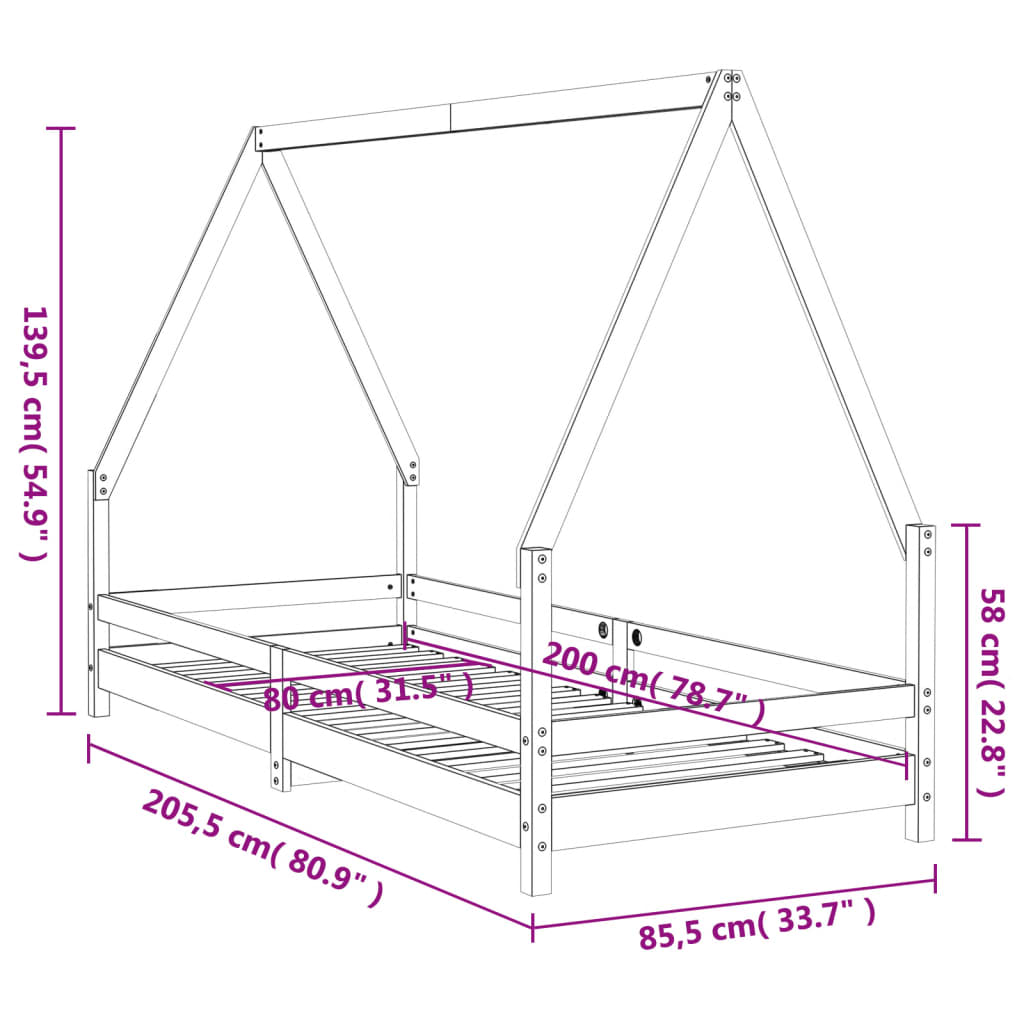 Cadre de lit pour enfants noir 80x200 cm bois de pin massif - XIOS