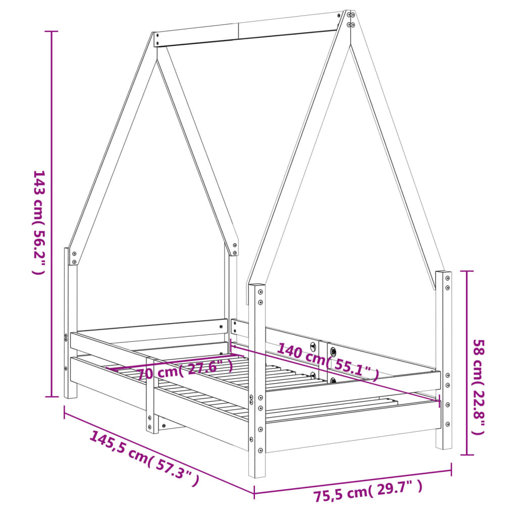 Cadre de lit pour enfant noir 70x140 cm bois de pin massif - XIOS