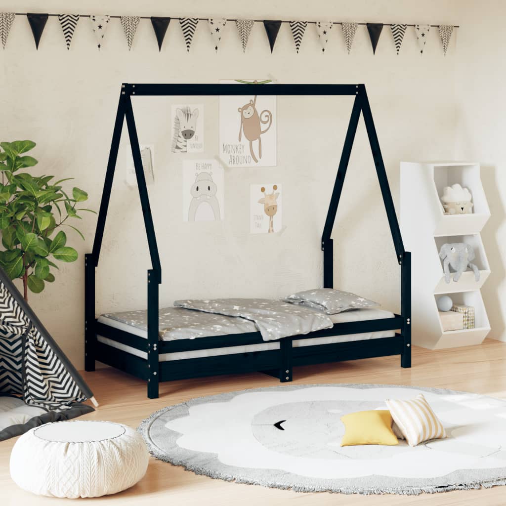Cadre de lit pour enfant noir 70x140 cm bois de pin massif - XIOS