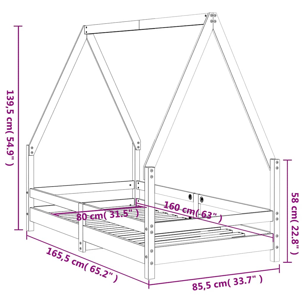 Cadre de lit pour enfant noir 80x160 cm bois de pin massif - XIOS