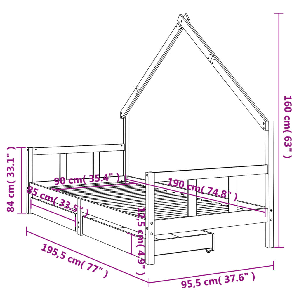 Cadre de lit d'enfants tiroirs blanc 90x190 cm bois pin massif - XIOS