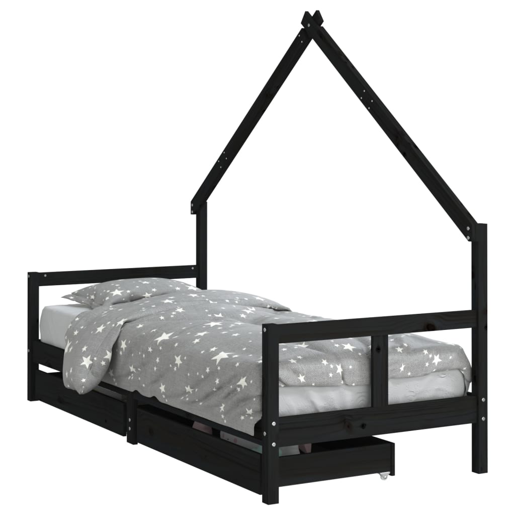 Cadre de lit enfant tiroirs noir 80x200 cm bois de pin massif - XIOS