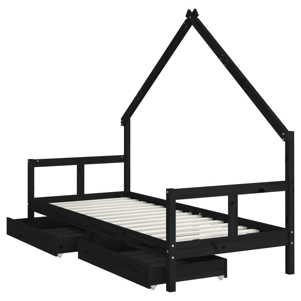 Cadre de lit enfant tiroirs noir 80x200 cm bois de pin massif - XIOS