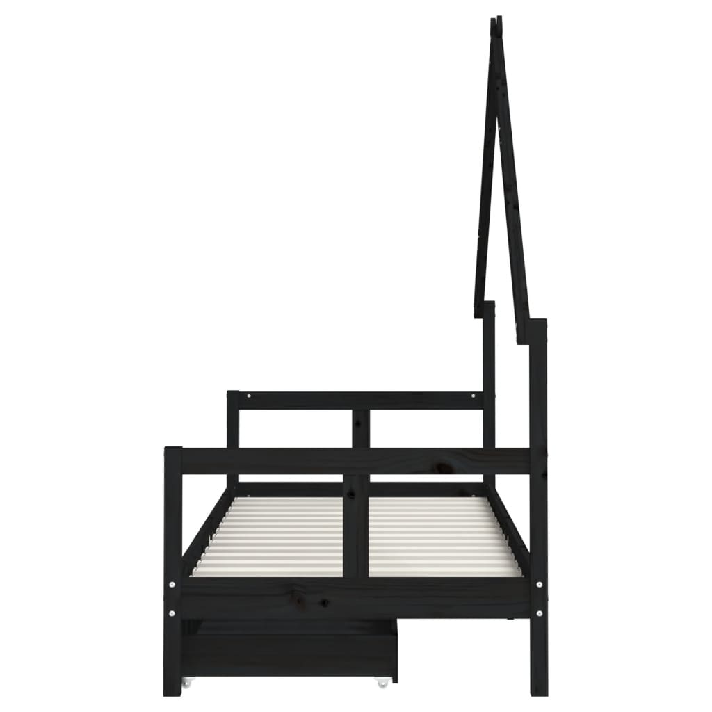 Cadre de lit enfant tiroirs noir 80x200 cm bois de pin massif - XIOS