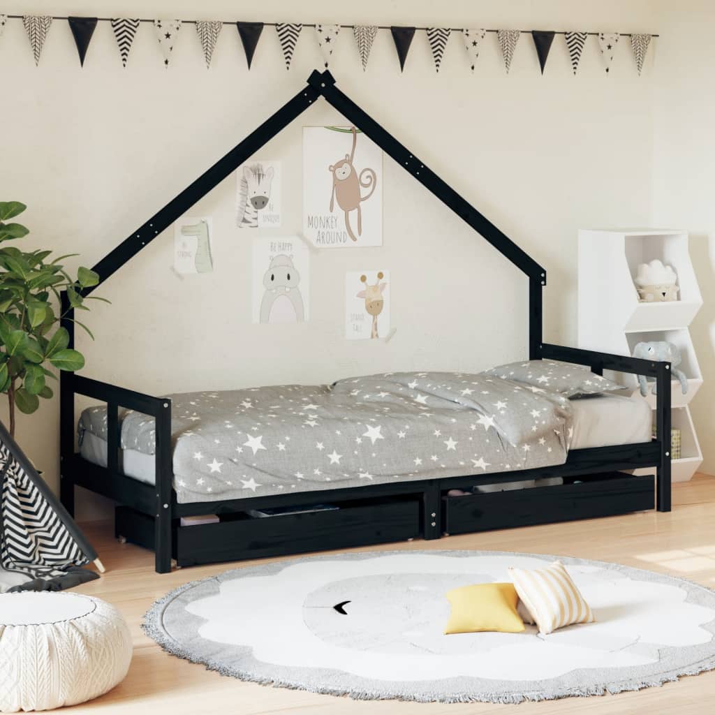 Cadre de lit enfant tiroirs noir 80x200 cm bois de pin massif - XIOS