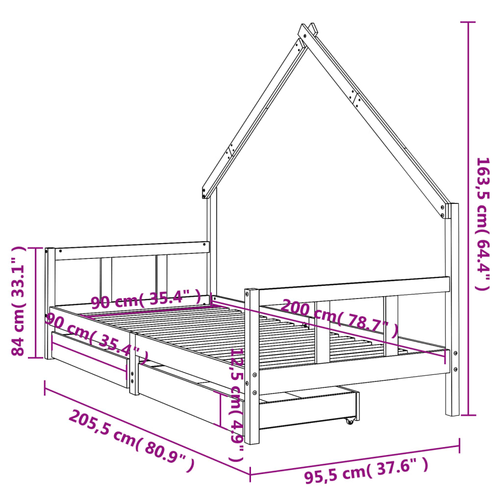 Cadre de lit enfant avec tiroirs 90x200 cm bois de pin massif - XIOS