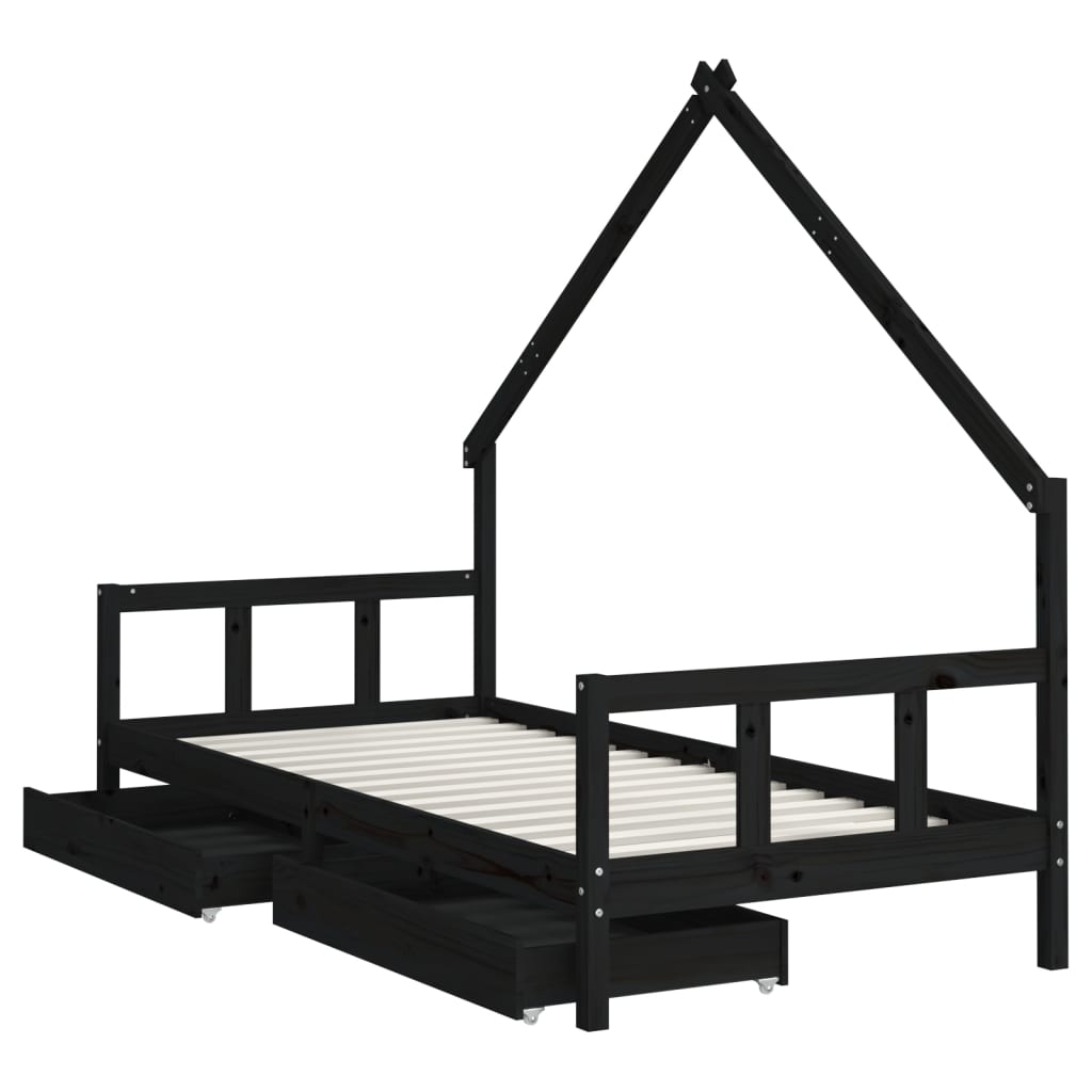 Cadre de lit enfant avec tiroirs noir 90x200 cm bois pin massif - XIOS