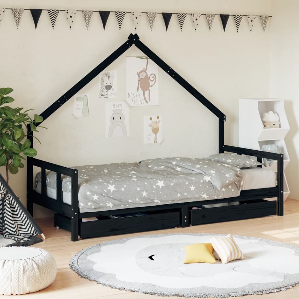 Cadre de lit enfant avec tiroirs noir 90x200 cm bois pin massif - XIOS