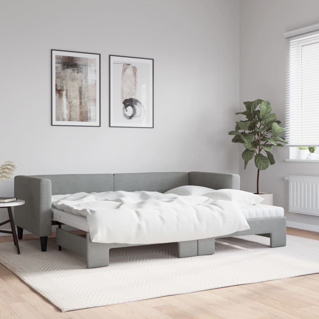 Lit de jour avec gigogne et matelas gris clair 80x200 cm tissu - XIOS