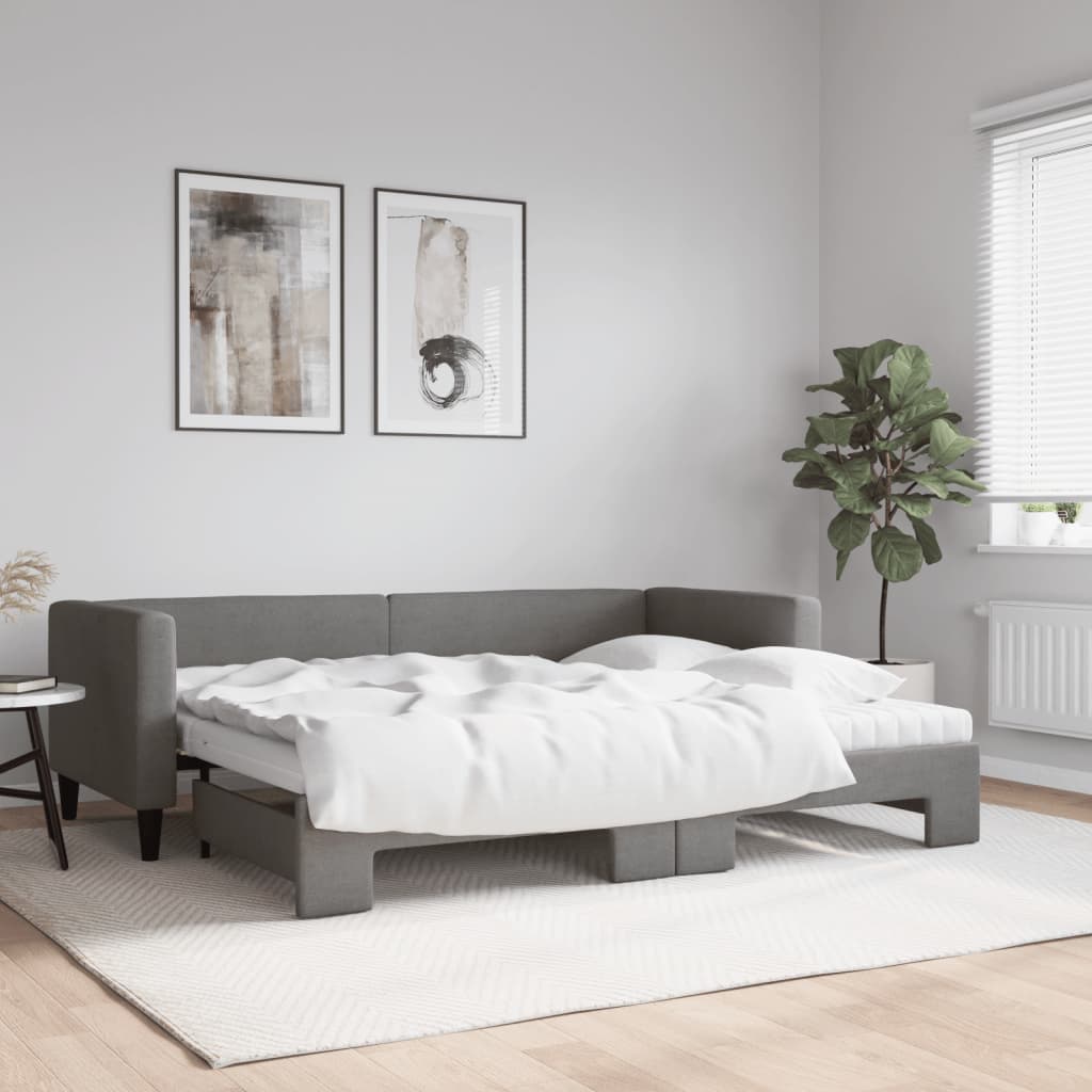 Lit de jour avec gigogne et matelas gris foncé 80x200 cm tissu - XIOS