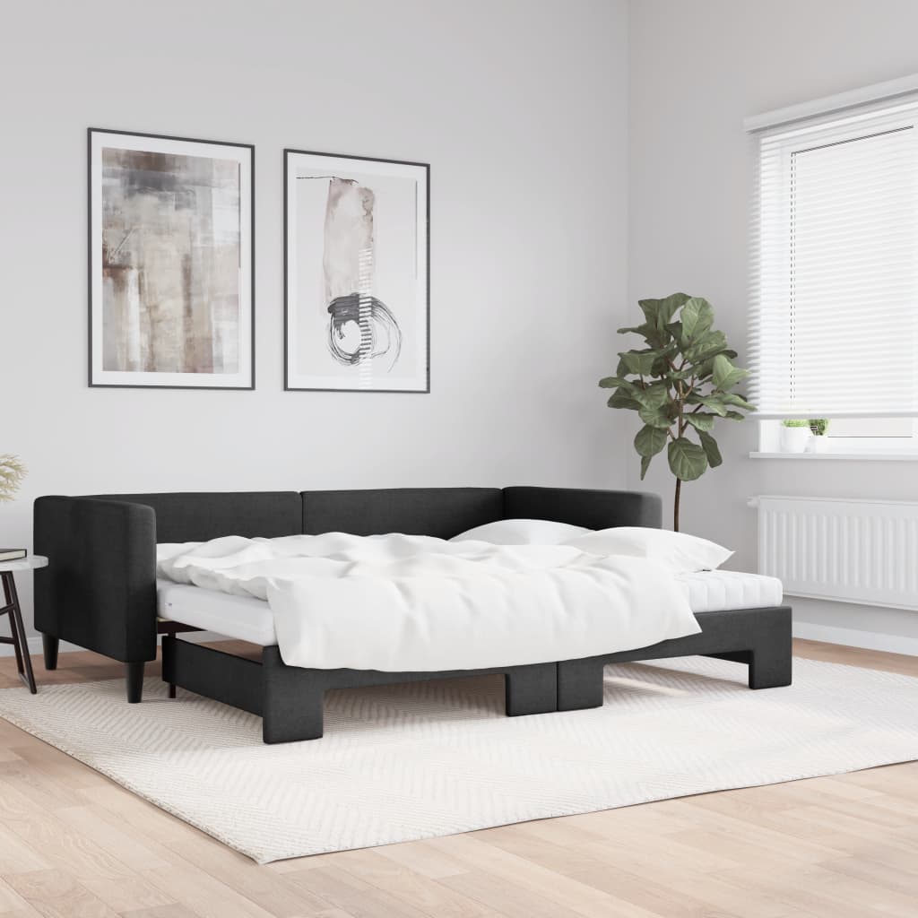 Lit de jour avec gigogne et matelas noir 90x200 cm tissu - XIOS
