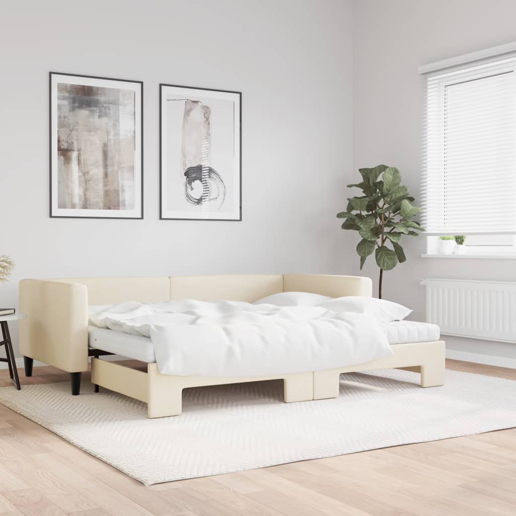 Lit de jour avec gigogne et matelas crème 90x200 cm tissu - XIOS