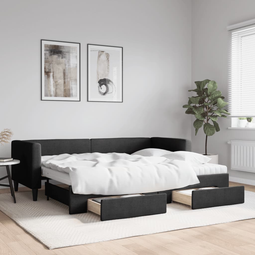 Lit de jour avec gigogne et tiroirs noir 80x200 cm tissu - XIOS